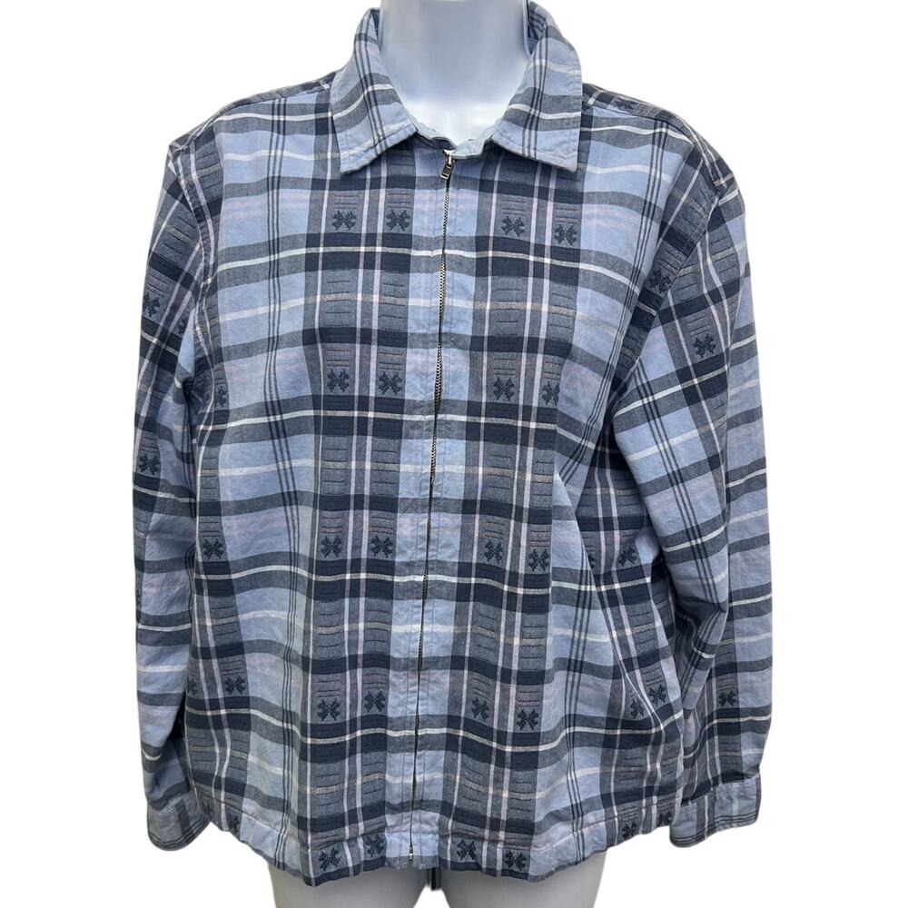Vintage Cherokee Blue Plaid Zip Jacket L 100% Cotton Soft Grunge Layer